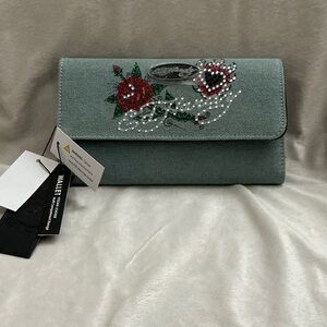 Ed Hardy Denim Embroidered Rhinestone Rose Clutch Wallet.
